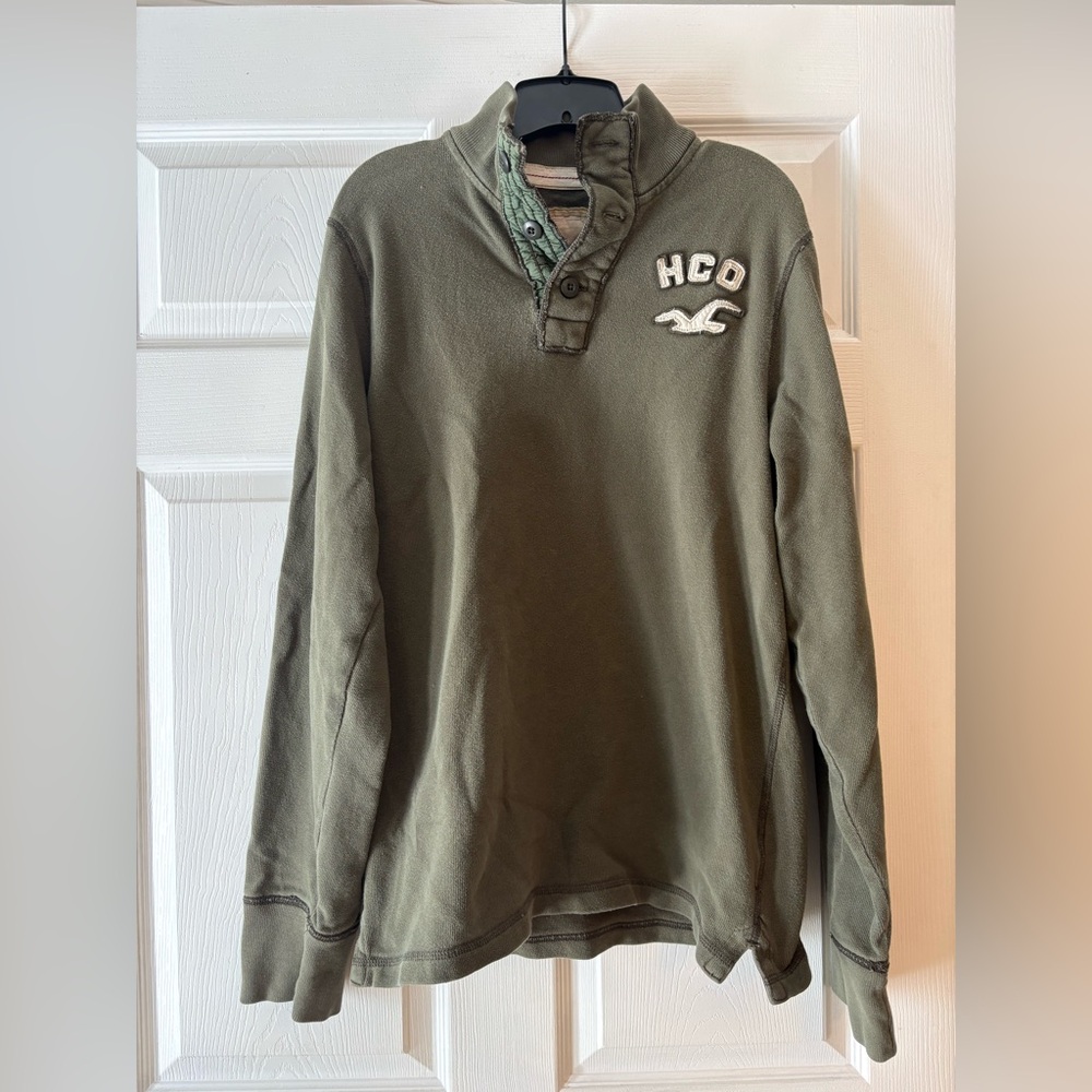 Hollister Mens XL Y2K Olive Green Henley Long Sleeve Logo Top